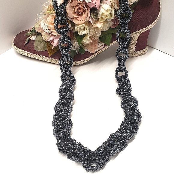 Hematite Beaded Double Chain Link Seed Bead Necklace Handmade Statement Necklace - Picture 6 of 7